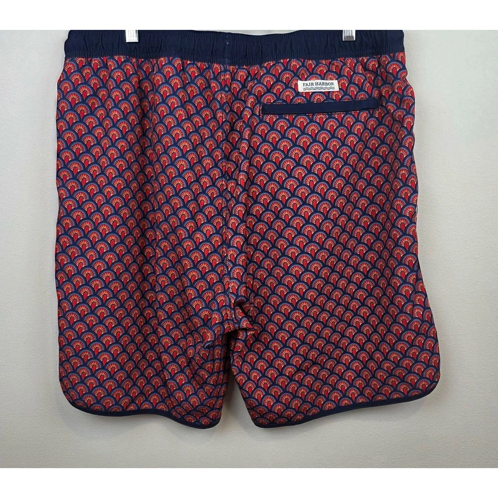 Fair Harbor Men Swim Trunks Red Blue Geometric Print Board Shorts Lined Size XXL
